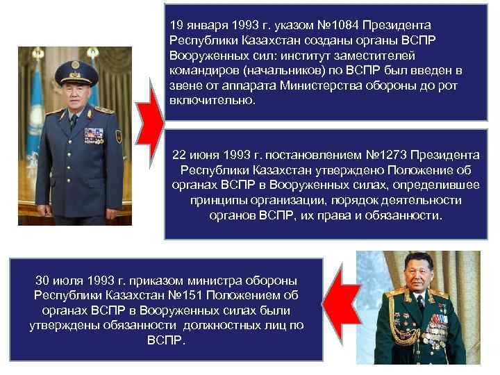 19 января 1993 г. указом № 1084 Президента Республики Казахстан созданы органы ВСПР Вооруженных