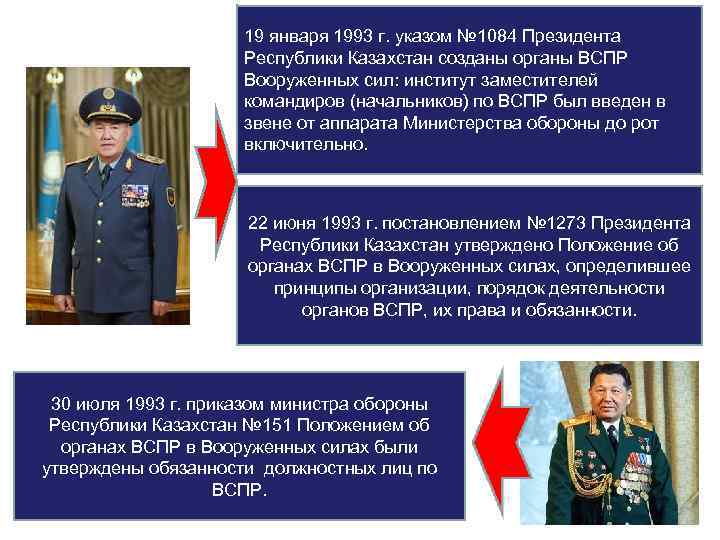 19 января 1993 г. указом № 1084 Президента Республики Казахстан созданы органы ВСПР Вооруженных