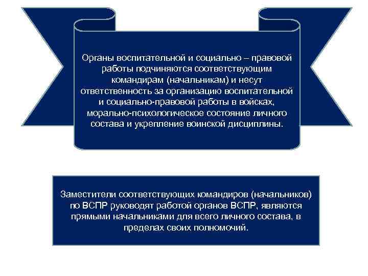 Органы воспитательной и социально – правовой работы подчиняются соответствующим командирам (начальникам) и несут ответственность