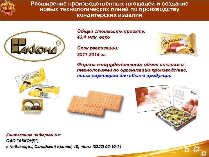 Расширение производственных площадей и создание новых технологических линий по производству кондитерских изделий Общая стоимость