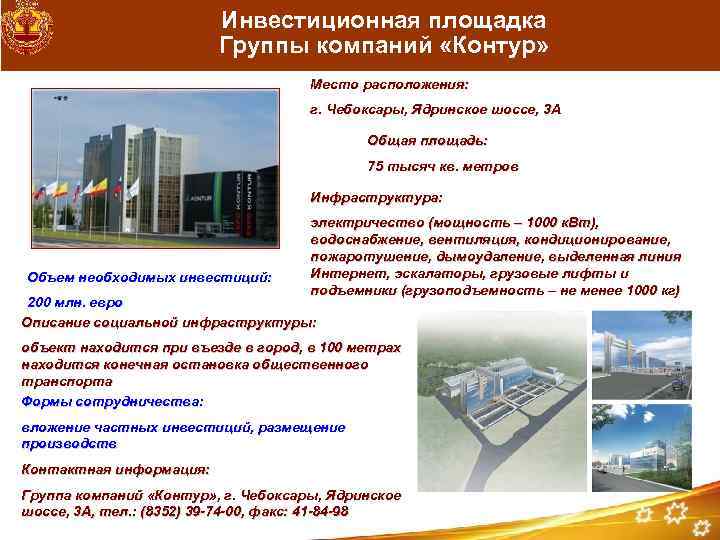 Инвестиционная площадка Группы компаний «Контур» Место расположения: г. Чебоксары, Ядринское шоссе, 3 А Общая