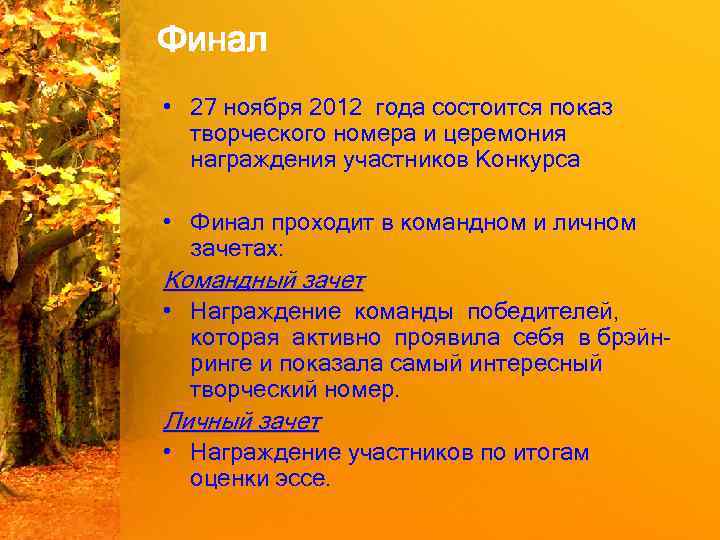 Финал • 27 ноября 2012 года состоится показ творческого номера и церемония награждения участников