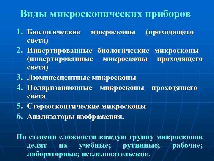 Виды микроскопических приборов 1. Биологические 2. 3. 4. 5. 6. микроскопы (проходящего света) Инвертированные