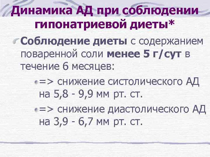 Динамика АД при соблюдении гипонатриевой диеты* Соблюдение диеты с содержанием поваренной соли менее 5