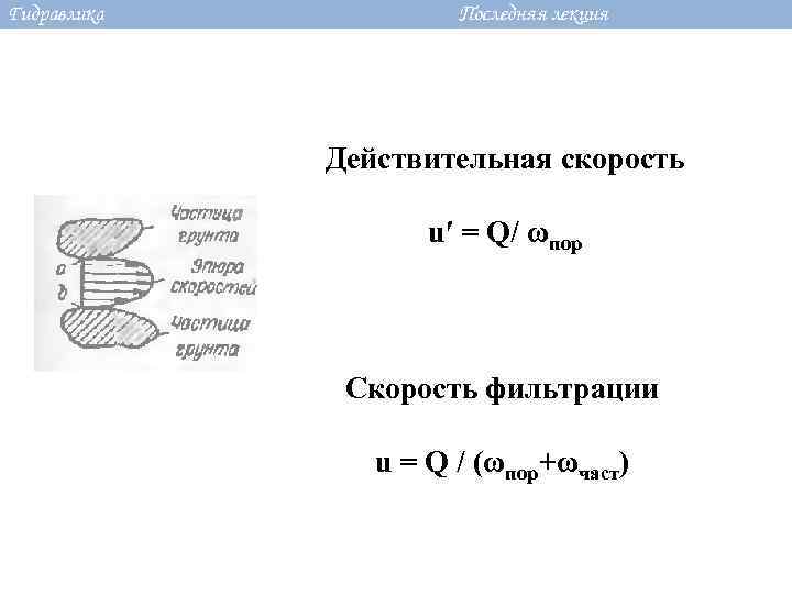 Гидравлика Последняя лекция Действительная скорость u′ = Q/ ωпор Скорость фильтрации u = Q