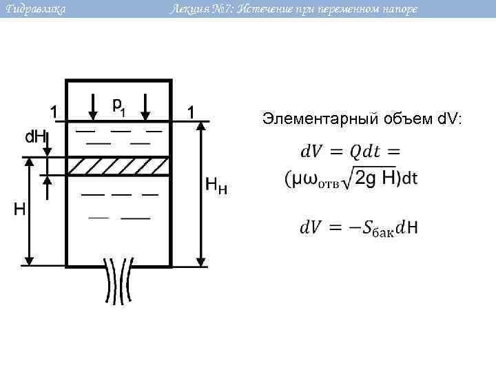 Гидравлика Лекция № 7: Истечение при переменном напоре Элементарный объем d. V: 