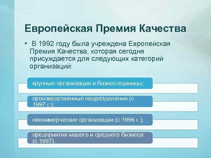 Европейская Премия Качества • В 1992 году была учреждена Европейская Премия Качества, которая сегодня