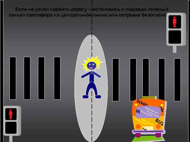 Если не успел перейти дорогу – остановись и подожди зеленый сигнал светофора на центральной