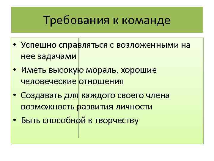 Требования к команде • Успешно справляться с возложенными на нее задачами • Иметь высокую