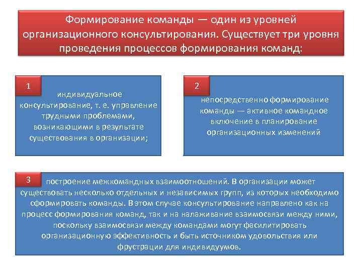 Формирование команды — один из уровней организационного консультирования. Существует три уровня проведения процессов формирования