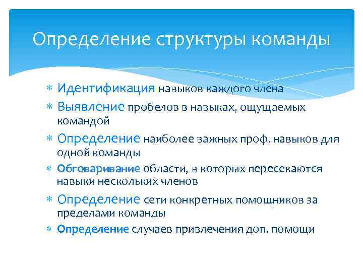 Определение структуры команды Идентификация навыков каждого члена Выявление пробелов в навыках, ощущаемых командой Определение