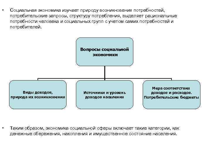  • Социальная экономика изучает природу возникновения потребностей, потребительские запросы, структуру потребления, выделяет рациональные