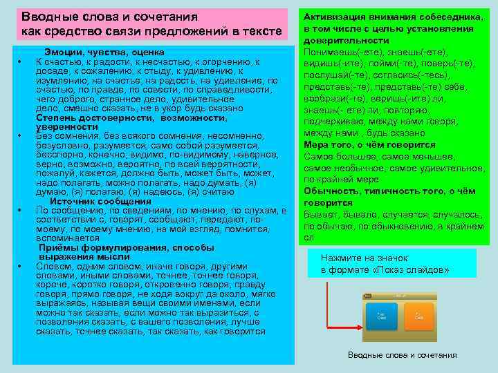 Вводные слова и сочетания как средство связи предложений в тексте Эмоции, чувства, оценка •