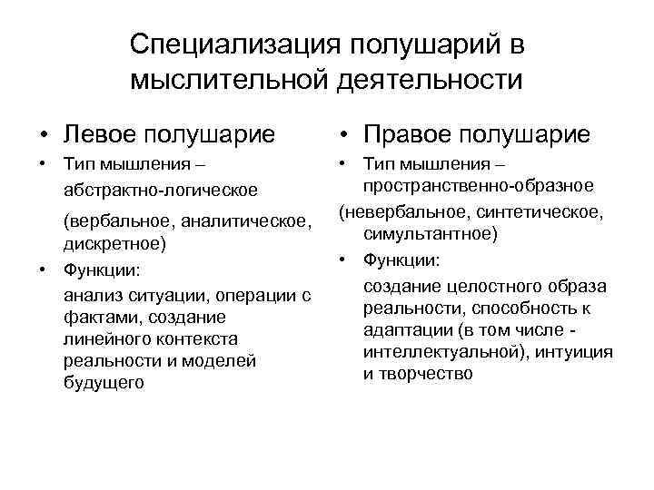 Специализация полушарий в мыслительной деятельности • Левое полушарие • Правое полушарие • Тип мышления