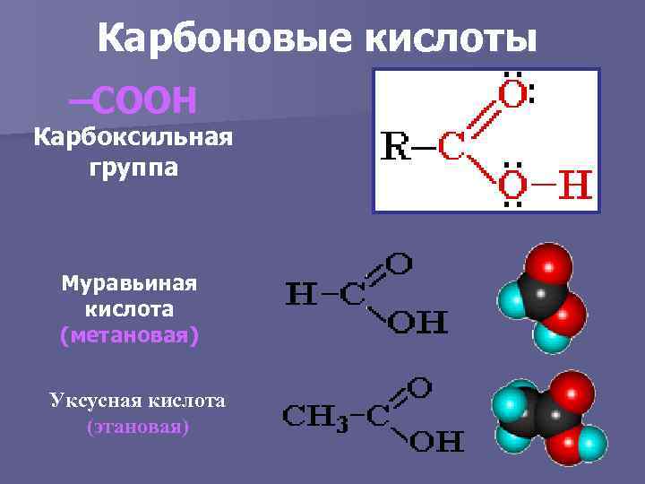 Карбоновые кислоты –COOH Карбоксильная группа Муравьиная кислота (метановая) Уксусная кислота (этановая) 