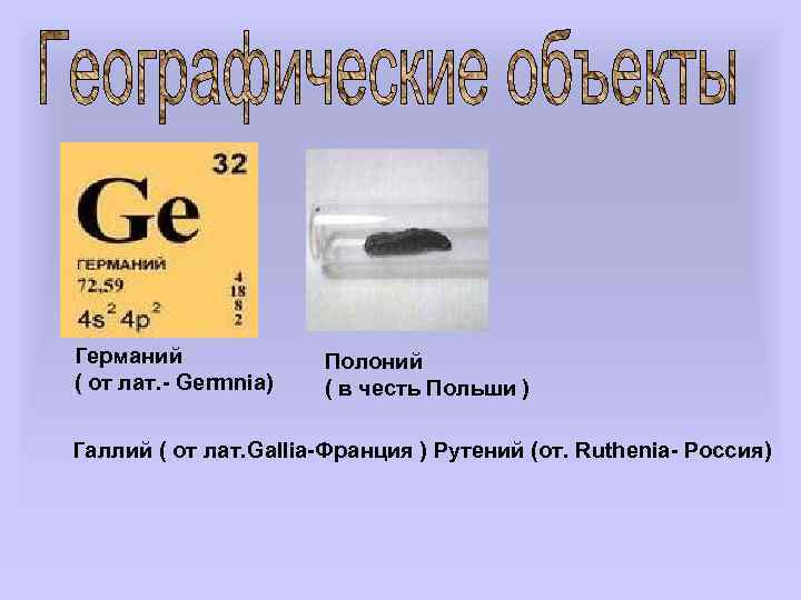 Германий ( от лат. - Germnia) Полоний ( в честь Польши ) Галлий (