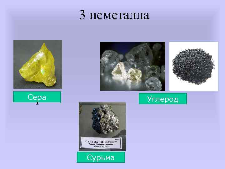 3 неметалла Сера сера Углерод Сурьма 