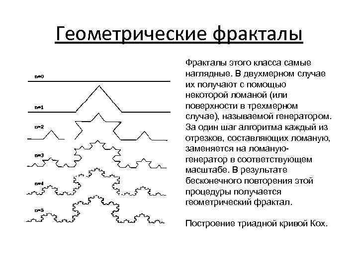 Геометрические фракталы Фракталы этого класса самые наглядные. В двухмерном случае их получают с помощью