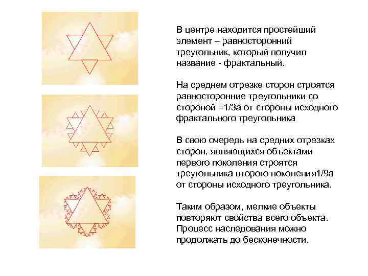 В центре находится простейший элемент – равносторонний треугольник, который получил название - фрактальный. На