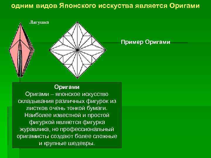 одним видов Японского исскуства является Оригами Лягушка Пример Оригами – японское искусство складывания различных
