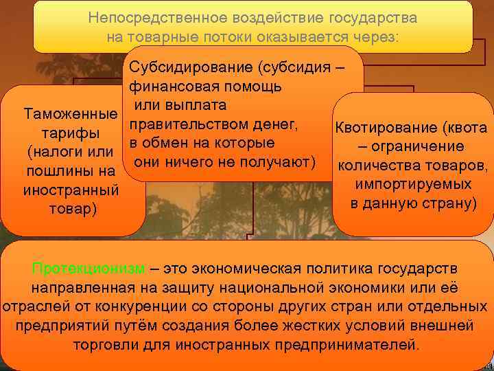 Непосредственное воздействие государства на товарные потоки оказывается через: Таможенные тарифы (налоги или пошлины на