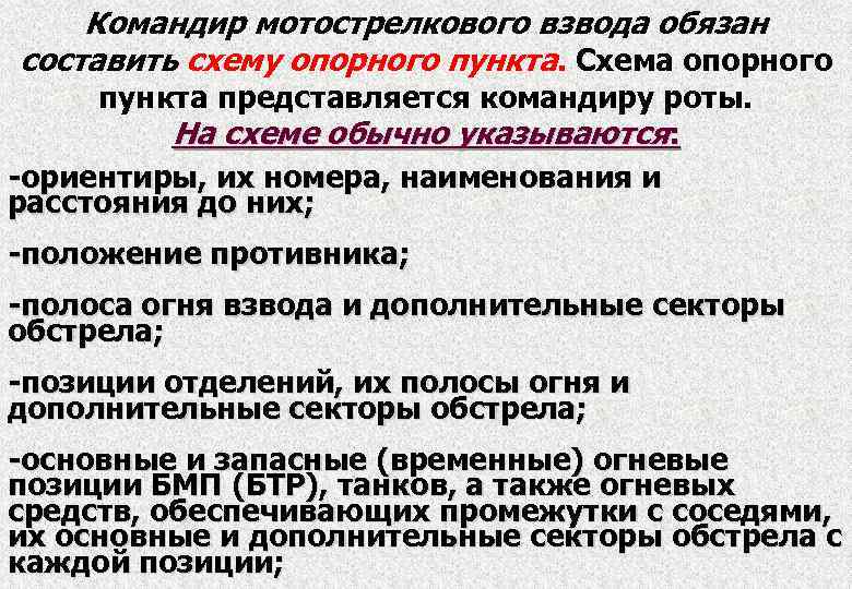 Командир мотострелкового взвода обязан составить схему опорного пункта. Схема опорного пункта представляется командиру роты.