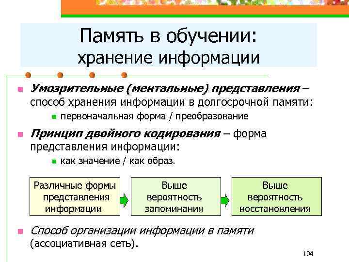 Память в обучении: хранение информации n Умозрительные (ментальные) представления – способ хранения информации в