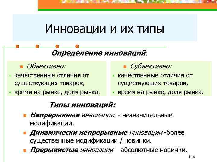 Инновации и их типы Определение инноваций: Объективно: n • • качественные отличия от существующих