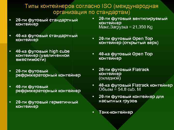 Типы контейнеров согласно ISO (международная организация по стандартам) • 20 -ти футовый вентилируемый контейнер