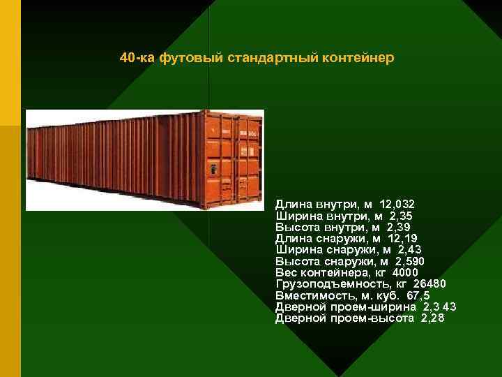 40 -ка футовый стандартный контейнер • Длина внутри, м 12, 032 Ширина внутри, м