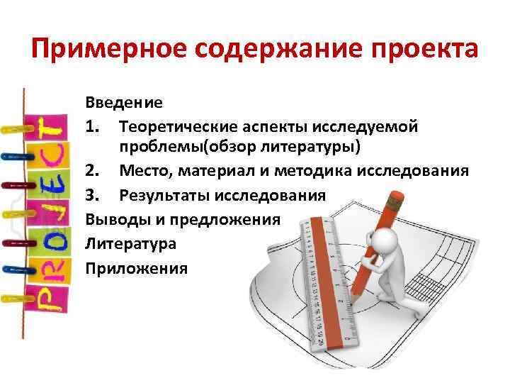 Примерное содержание проекта Введение 1. Теоретические аспекты исследуемой проблемы(обзор литературы) 2. Место, материал и
