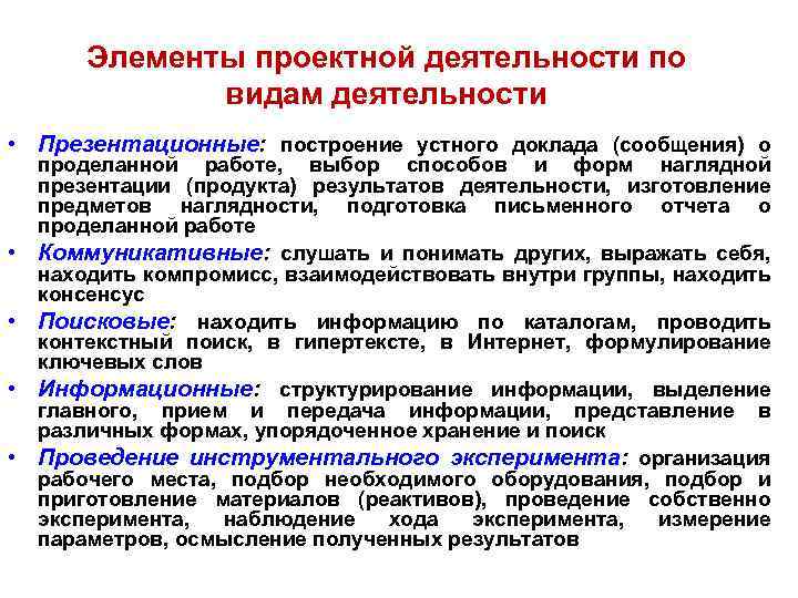 Элементы проектной деятельности по видам деятельности • Презентационные: построение устного доклада (сообщения) о •