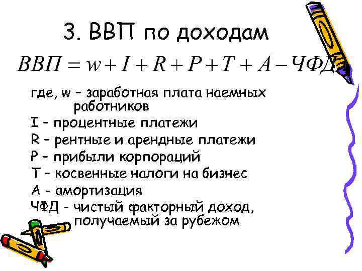 3. ВВП по доходам где, w – заработная плата наемных работников I – процентные