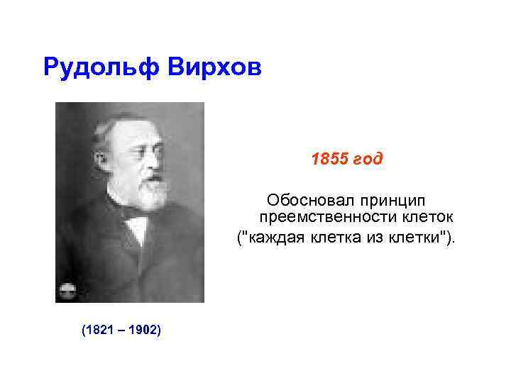 Рудольф Вирхов 1855 год Обосновал принцип преемственности клеток (