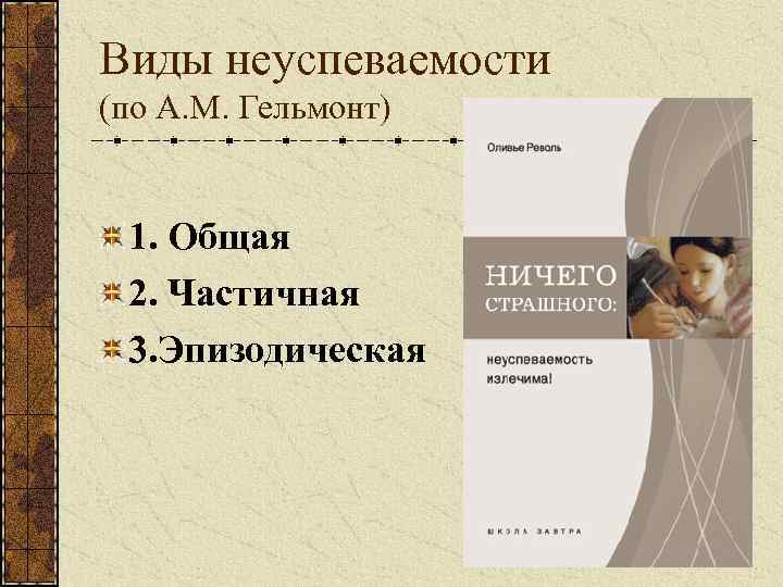 Виды неуспеваемости (по А. М. Гельмонт) 1. Общая 2. Частичная 3. Эпизодическая 