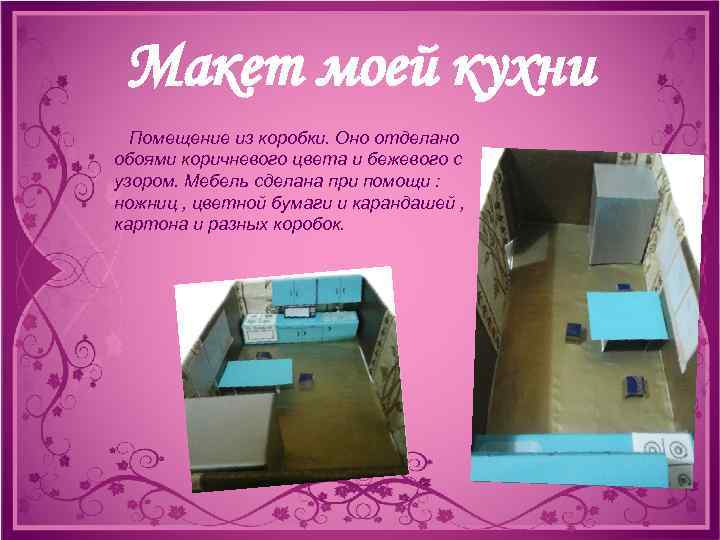 Макет моей кухни Помещение из коробки. Оно отделано обоями коричневого цвета и бежевого с