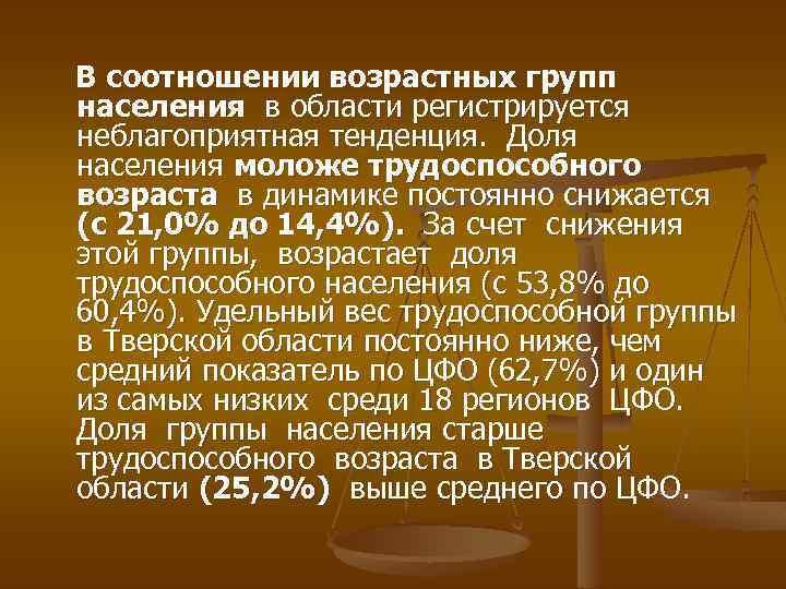 В соотношении возрастных групп населения в области регистрируется неблагоприятная тенденция. Доля населения моложе трудоспособного