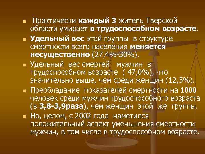 n n n Практически каждый 3 житель Тверской области умирает в трудоспособном возрасте. Удельный