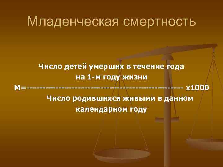 Младенческая смертность Число детей умерших в течение года на 1 -м году жизни М=-------------------------