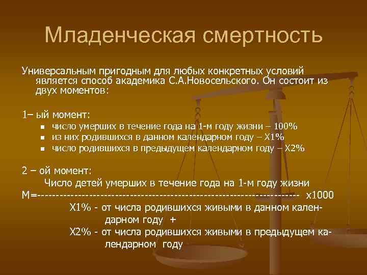 Младенческая смертность Универсальным пригодным для любых конкретных условий является способ академика С. А. Новосельского.