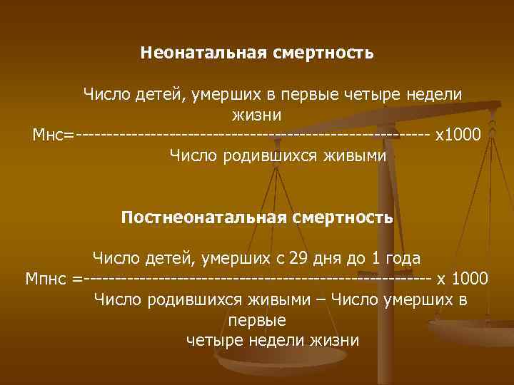 Неонатальная смертность Число детей, умерших в первые четыре недели жизни Мнс=----------------------------- х1000 Число родившихся