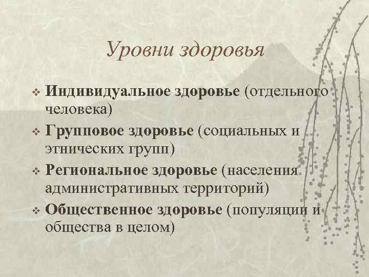 Уровни здоровья Индивидуальное здоровье (отдельного человека) v Групповое здоровье (социальных и этнических групп) v