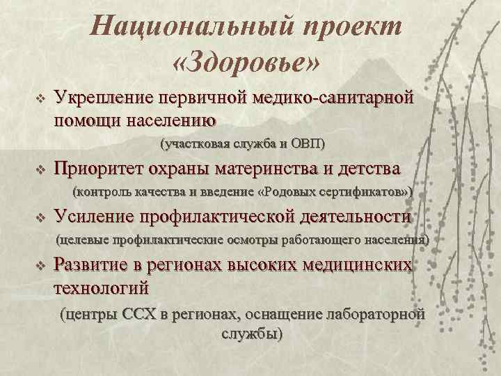Национальный проект «Здоровье» v Укрепление первичной медико-санитарной помощи населению (участковая служба и ОВП) v