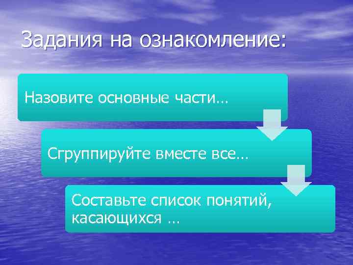 Задания на ознакомление: Назовите основные части… Сгруппируйте вместе все… Составьте список понятий, касающихся …