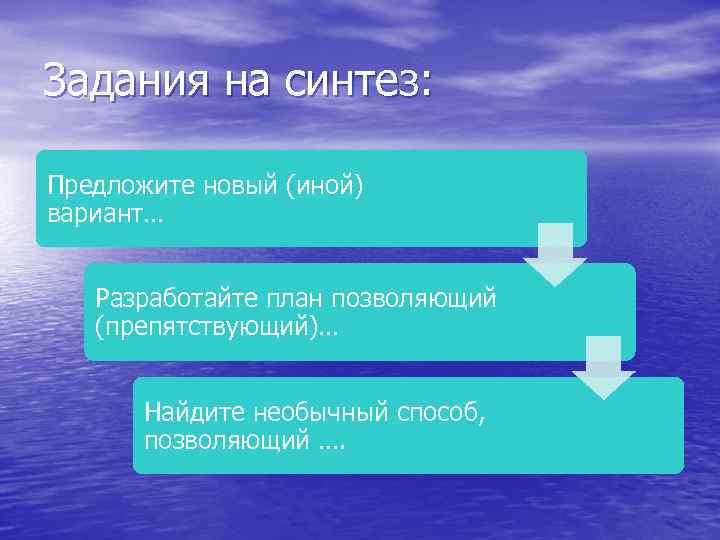 Задания на синтез: Предложите новый (иной) вариант… Разработайте план позволяющий (препятствующий)… Найдите необычный способ,