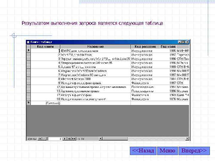 Результатом выполнения запроса является следующая таблица <<Назад Меню Вперед>> 