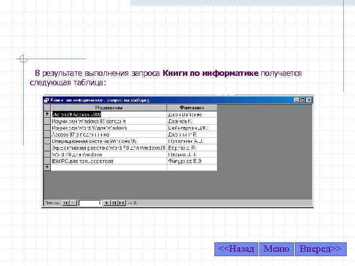 В результате выполнения запроса Книги по информатике получается следующая таблица: <<Назад Меню Вперед>> 
