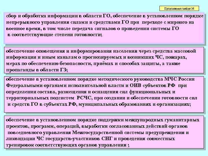 Продолжение слайда 26 сбор и обработка информации в области ГО, обеспечение в установленном порядке