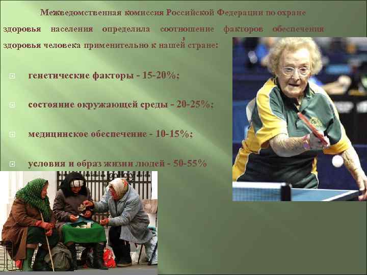 Межведомственная комиссия Российской Федерации по охране здоровья населения определила соотношение факторов обеспечения , здоровья