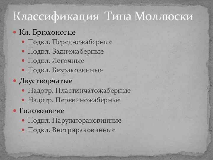 Классификация Типа Моллюски Кл. Брюхоногие Подкл. Переднежаберные Подкл. Заднежаберные Подкл. Легочные Подкл. Безраковинные Двустворчатые Классификация Типа Моллюски Кл. Брюхоногие Подкл. Переднежаберные Подкл. Заднежаберные Подкл. Легочные Подкл. Безраковинные Двустворчатые